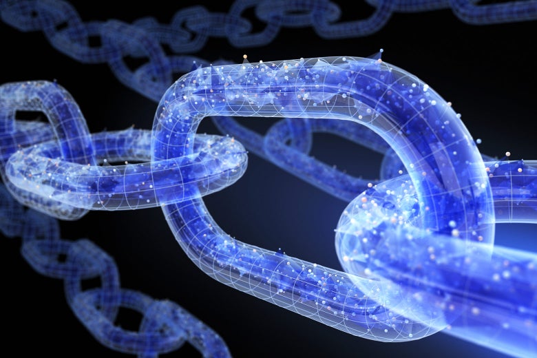 An illustration of a blue chain link filled with computer circuitry.